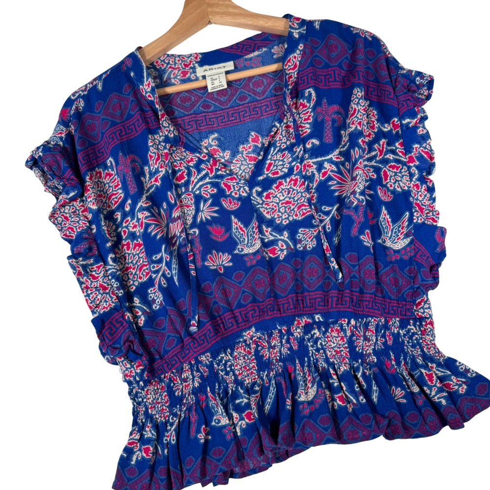 Ariat Cortez LS Top Womens Small Blue Floral Smocked Peplum Blouse 10051415 Boho
